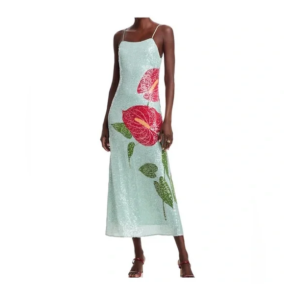 NWT Anthropologie Farm Rio Blue Anthurium Sequin Dress 🌺 SOLD OUT Retail: $360 - Picture 2 of 11